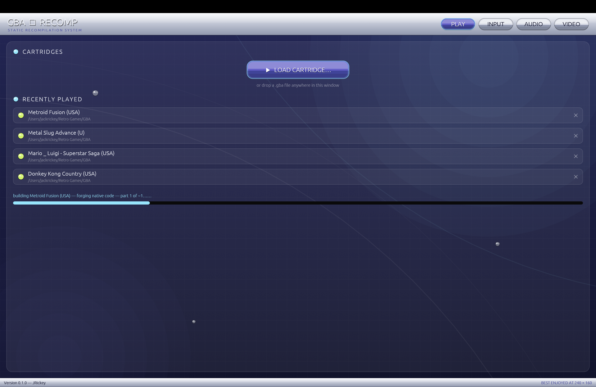 gba-recomp launcher building native code for a loaded cartridge